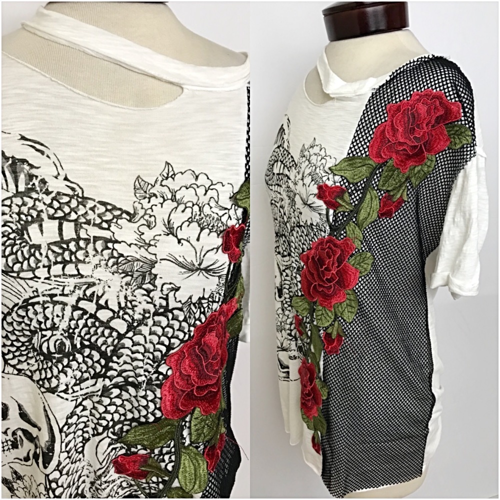 Distressed Rose Skull Graphic Tunic Tee SML - Picture 6 of 8